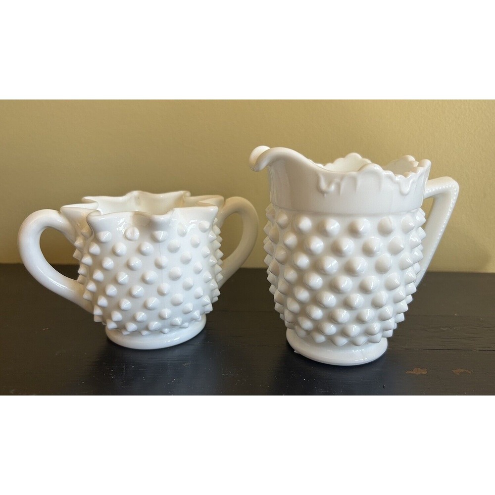 Vintage Fenton Milk Glass Hobnail Star Shaped Creamer and Sugar Bowl‎